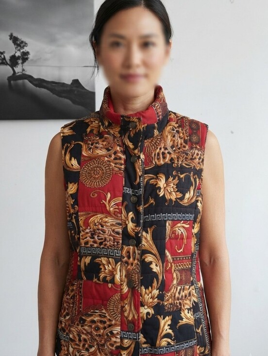 Bandolino Jackets & Blazers - Bandolino Baroque Ornate Print Quilted Puffer Vest Red Black Gold Large